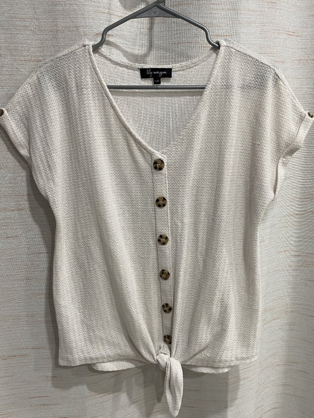 Lily Morgan Faux Buttons & Tied Shirt White Large Womens (245)